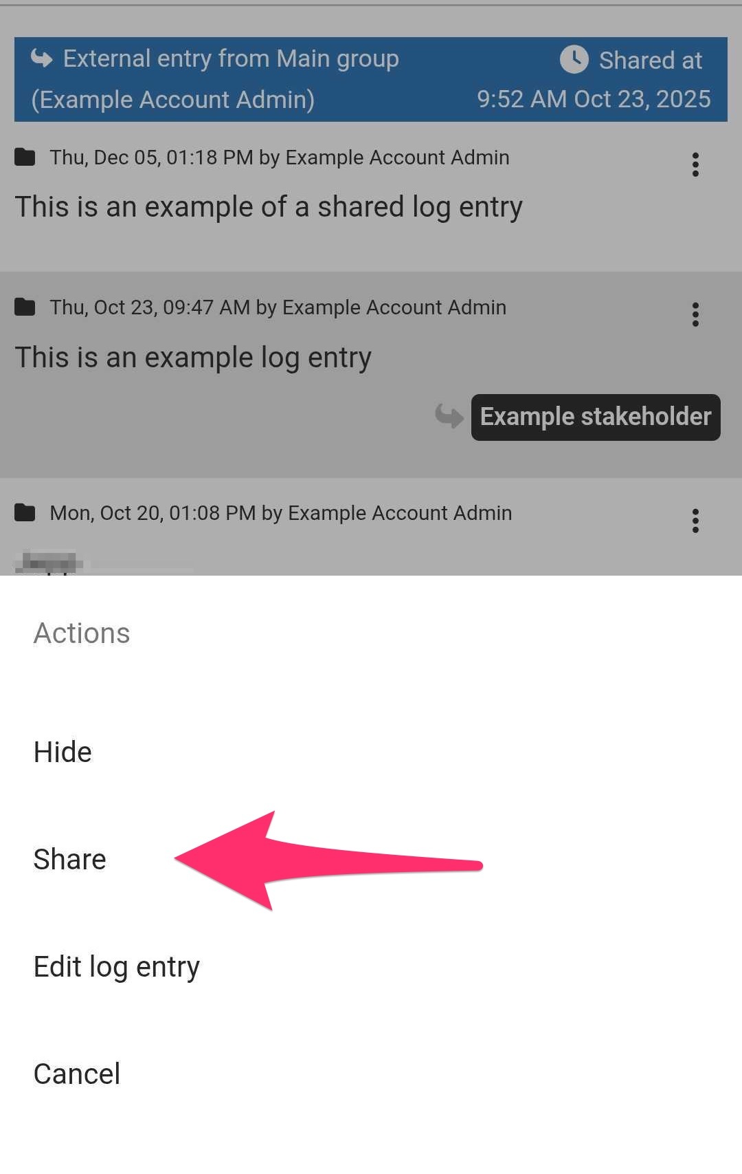 Share Log In Share log entries with stakeholders in the app