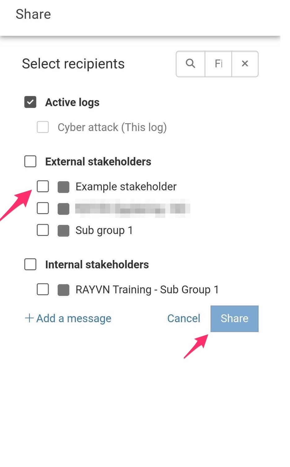 Share log entries with stakeholders in the app