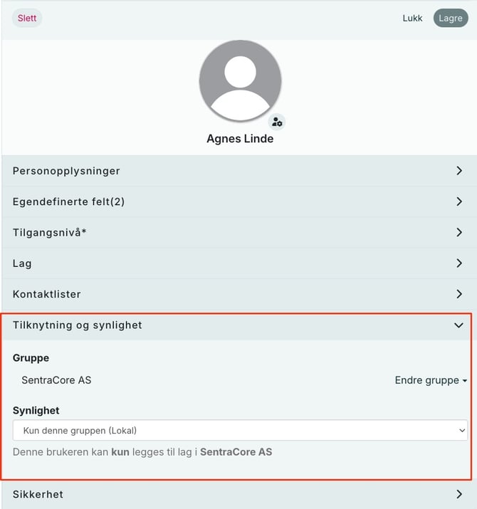 Tilknytning og synlighet bruker detailed